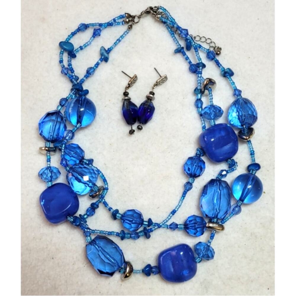 Blue Beaded Necklace & Earrings Faceted Multistrand Acrylic & Lucite Y2K Vintage